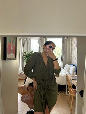 Linen Like Olive Green Shirt Wrap Tie Dress